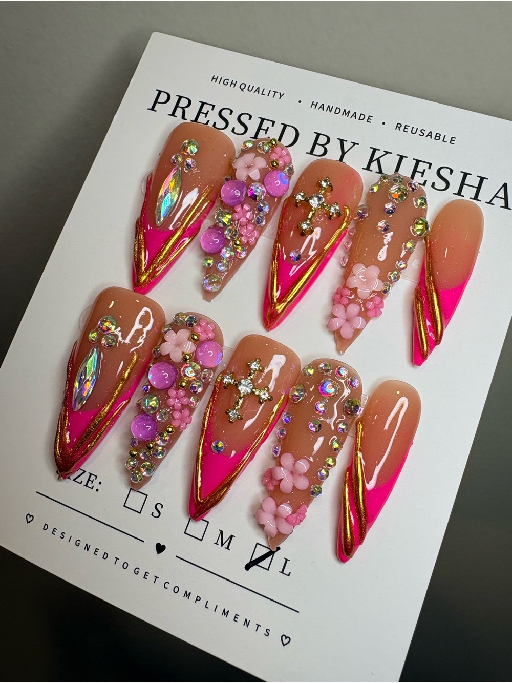 Embellished Hot Pink & Nude Press-On Nail Set